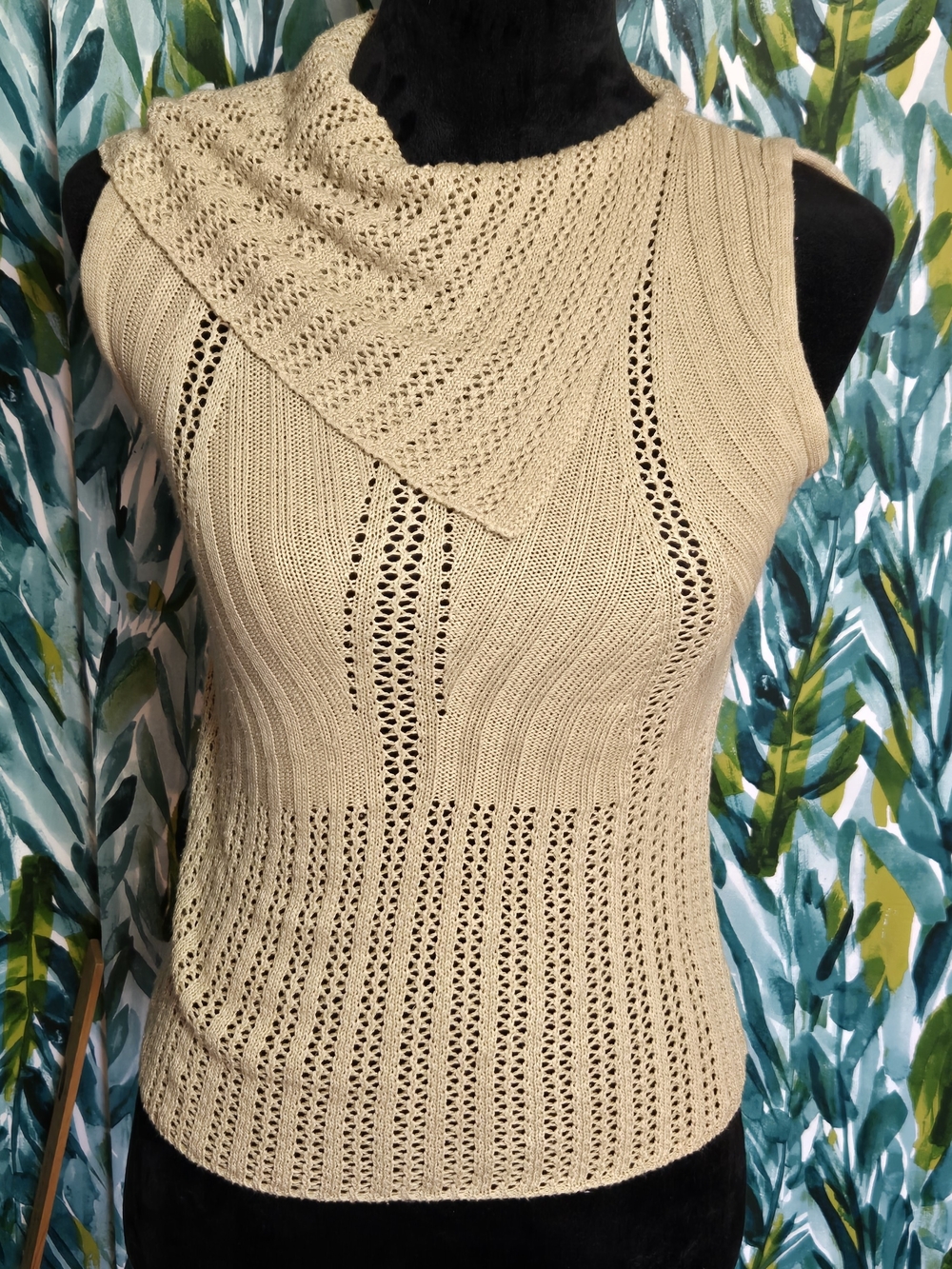 Say What? USA Beige Asymmetrical Draped Cowl Open Knit Sleeveless Top Small